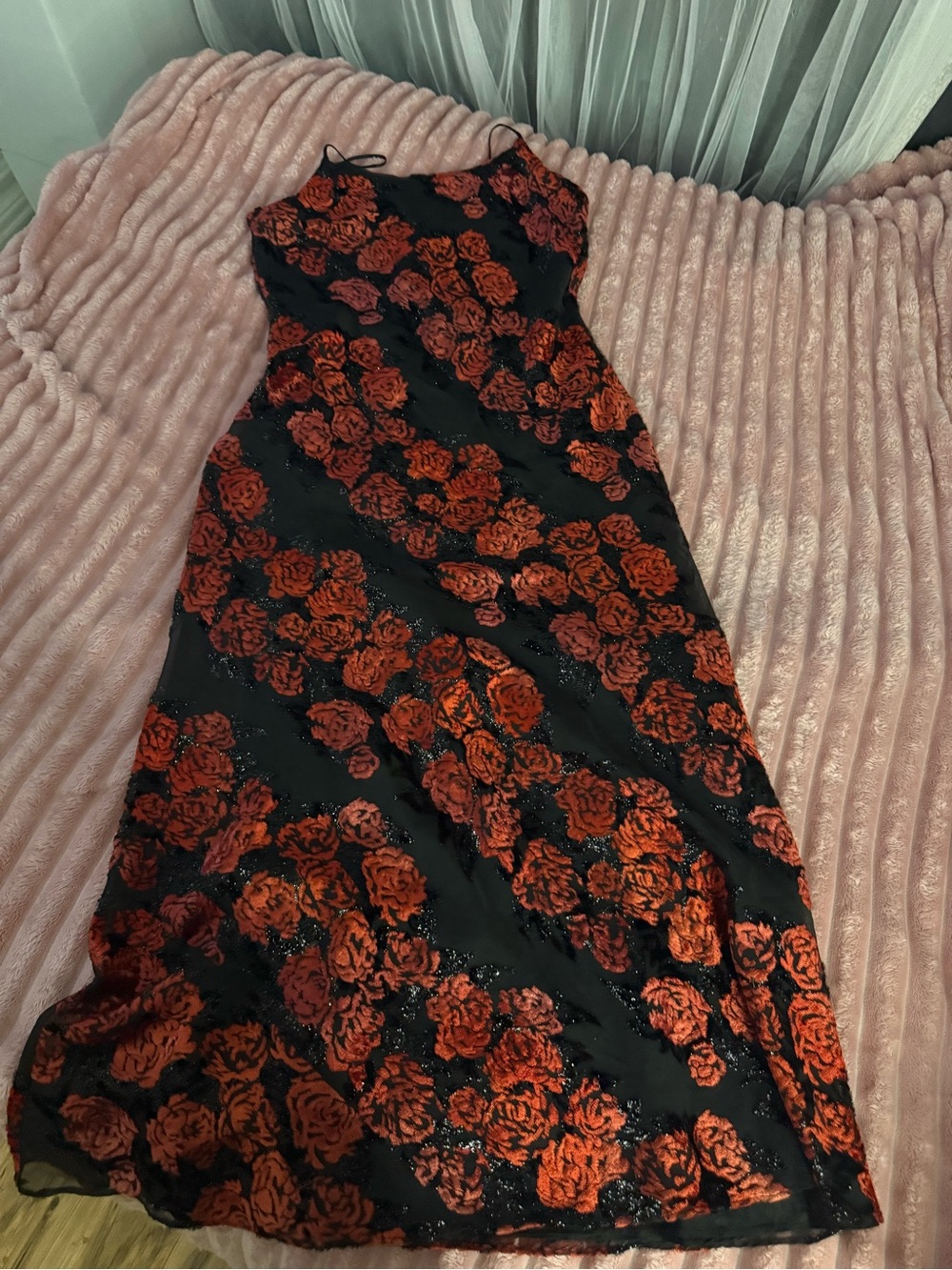 Black Maxi Dress with Red Floral Sequin Detail